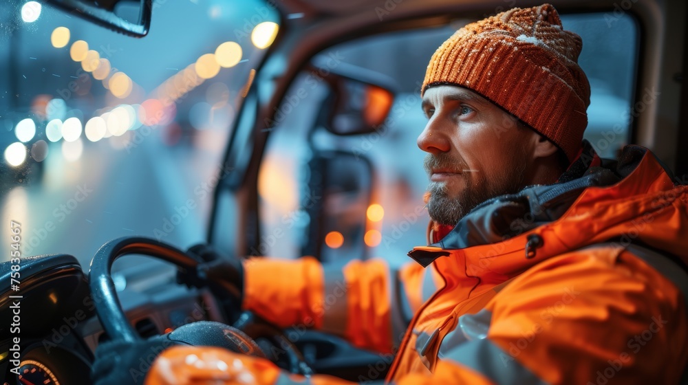 A focused man wearing an orange jacket and beanie drives at night, city lights blurring outside