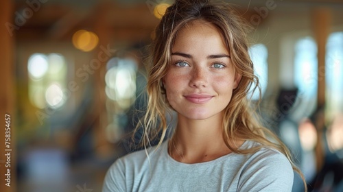 Young woman with blue eyes and blonde hair smiling gently in a softly lit room