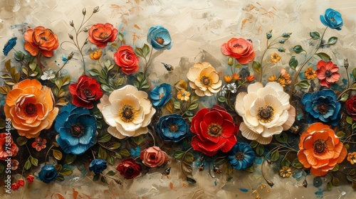 Array of vibrant, textured floral paintings, featuring red, blue, and yellow flowers on a canvas