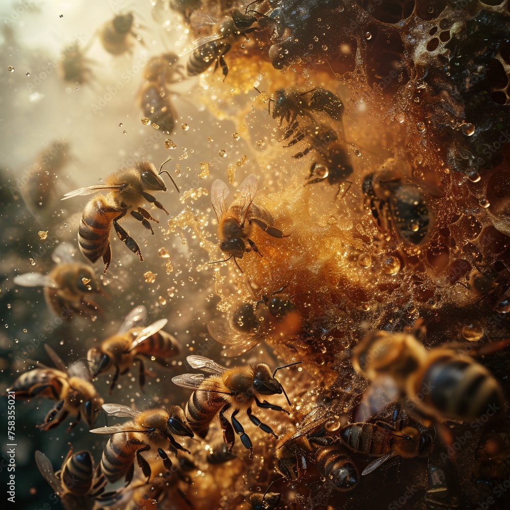 Bees busily buzz around, expertly crafting honeycomb structures, Bees busily buzz around, expertly crafting honeycomb structures,