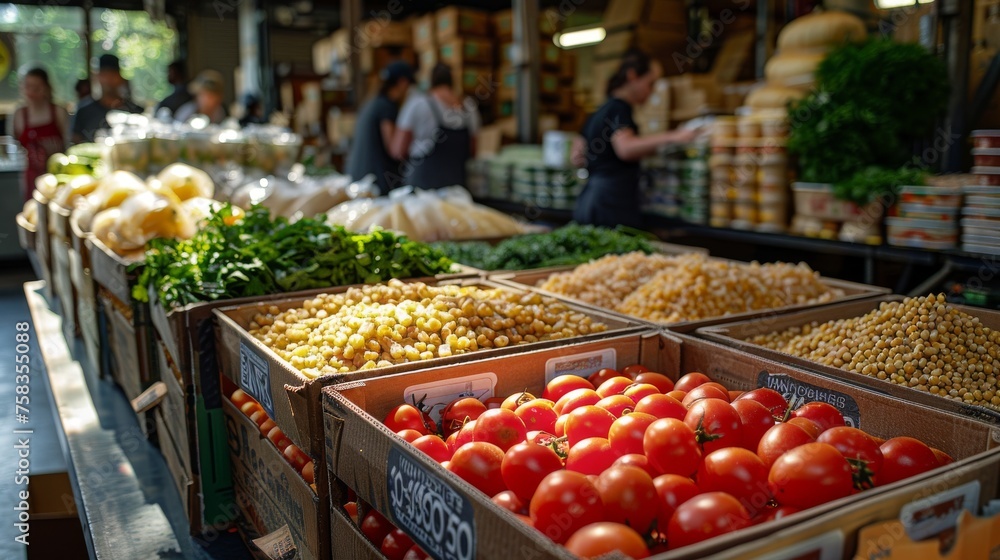 Bustling market scene with fresh tomatoes, grapes, and various vegetables neatly displayed in wooden crates