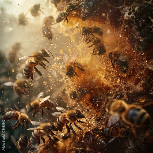 Bees busily buzz around, expertly crafting honeycomb structures, © Multiverse