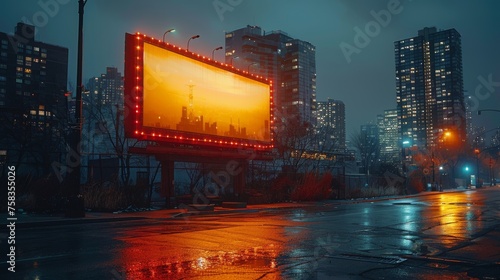 Brightly lit billboard stands out on a rainy evening in a cityscape with illuminated buildings