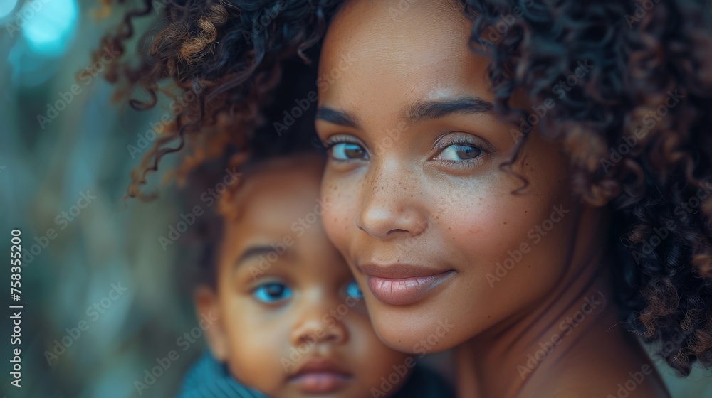 Close-up of a woman with curly hair holding a young child, both gazing toward the camera Close-up of a woman with curly hair holding a young child, both gazing toward the camera