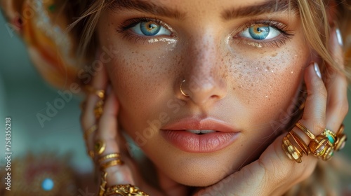 Close-up of a woman with striking blue eyes, freckles, and gold jewelry under sunlight © TheGoldTiger