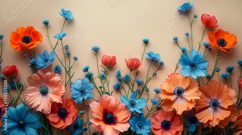 Colorful poppies in shades of orange, red, and blue artistically arranged against a beige background