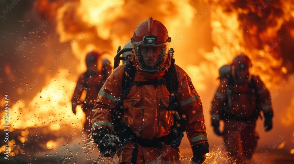 Firefighters in full gear bravely approach a fierce blaze, with intense flames and smoke in background Firefighters in full gear bravely approach a fierce blaze, with intense flames and smoke in background