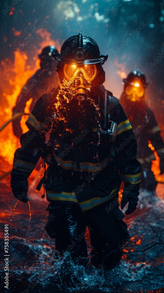 Firefighters in full gear advance through smoke and sparks, facing a blazing fire in a dramatic scene Firefighters in full gear advance through smoke and sparks, facing a blazing fire in a dramatic scene