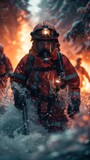 Firefighter in full gear is intensely navigating through water with fiery backlighting and smoke