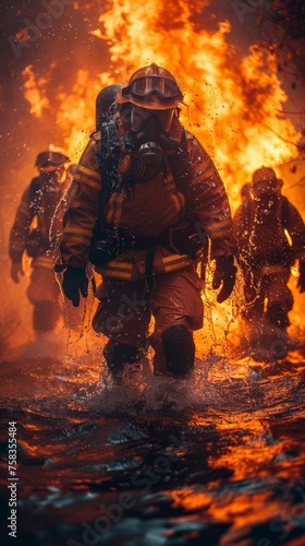 Firefighters in full protective gear advance bravely through intense flames and smoke during a dangerous firefighting operation
