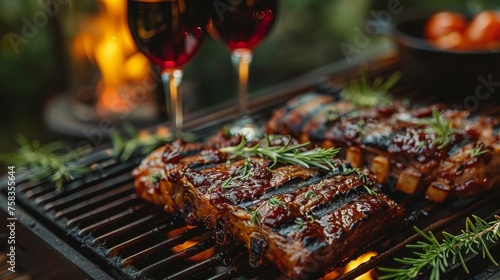 Grilled ribs with herbs on a barbecue, with red wine glasses and tomatoes in the background