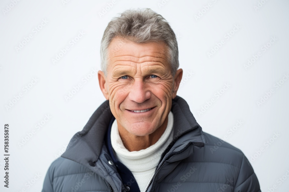Portrait of smiling senior man in winter jacket. Isolated on white background.