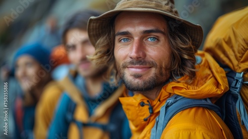 Group of smiling hikers with backpacks outdoors, focusing on a man wearing a yellow jacket