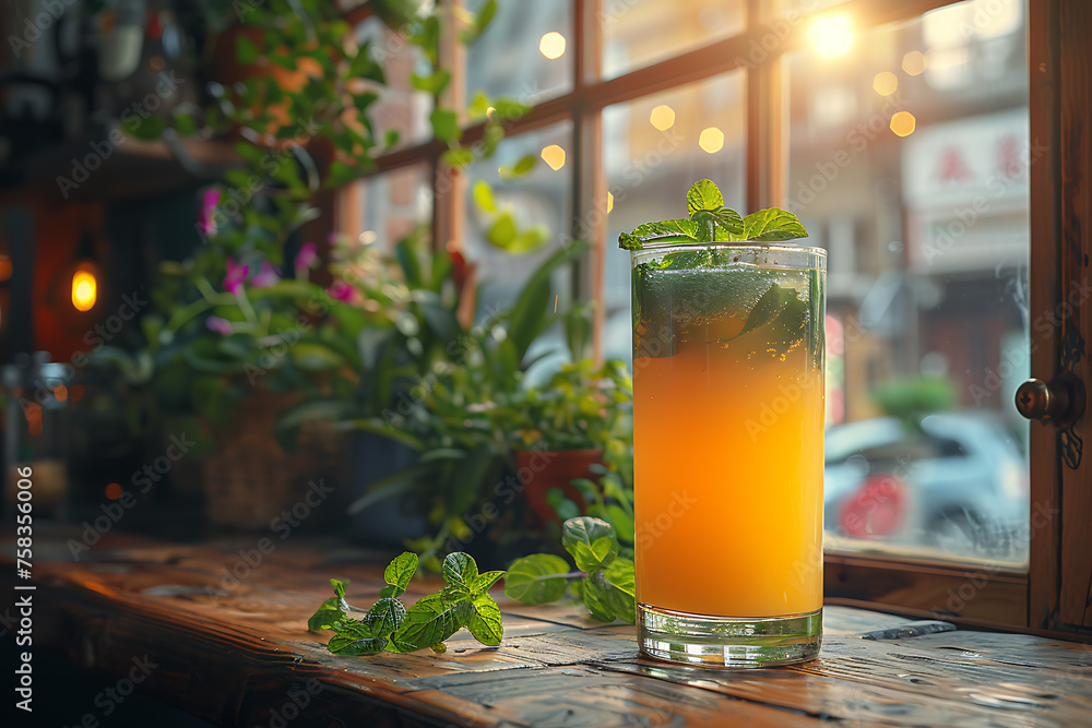 A vibrant and refreshing herbs and fruits juice in a clear glass, surrounded by fresh herbs and fruits, symbolizing a health food concept and healthy eating lifestyle A vibrant and refreshing herbs and fruits juice in a clear glass, surrounded by fresh herbs and fruits, symbolizing a health food concept and healthy eating lifestyle