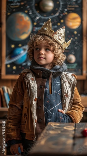 Child wearing a crown poses confidently in a classroom decorated with astronomy-themed educational posters
