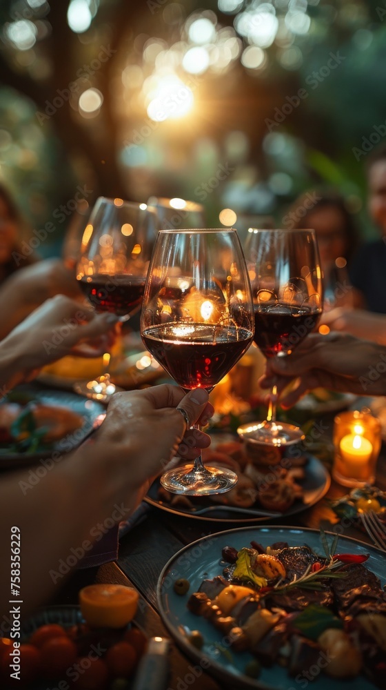 Individuals toasting with wine glasses above a dinner table adorned with various dishes and warm candlelight