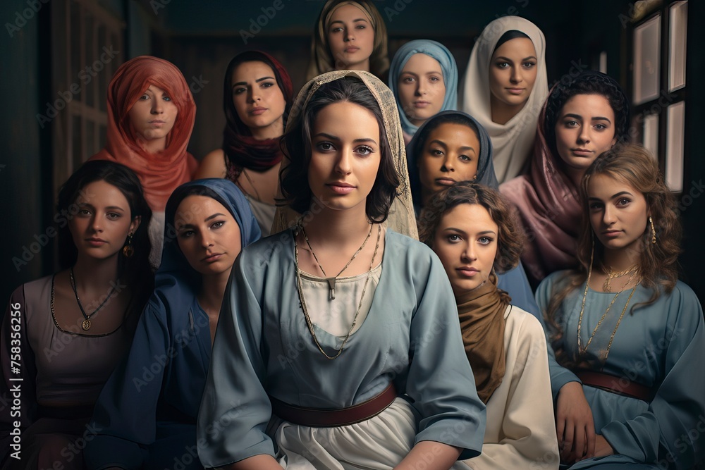 Islamic Young woman with diverse group of female students dressed in traditional clothing inside school setting - generative ai