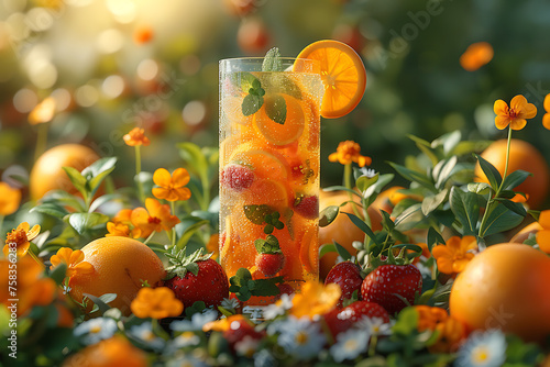 A vibrant and refreshing herbs and fruits juice in a clear glass, surrounded by fresh herbs and fruits, symbolizing a health food concept and healthy eating lifestyle