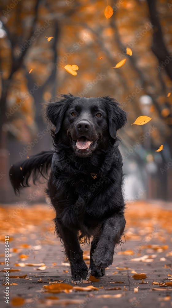 Joyful black dog runs towards the camera on a pathway covered with autumn leaves