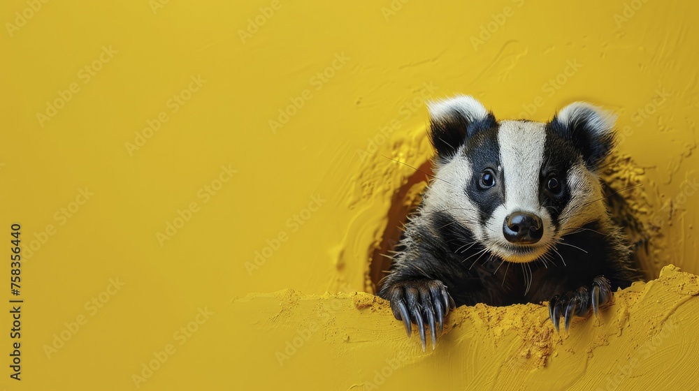 A badger emerges from a painted underground burrow on the wall against a clear yellow render background. - obrazy, fototapety, plakaty 