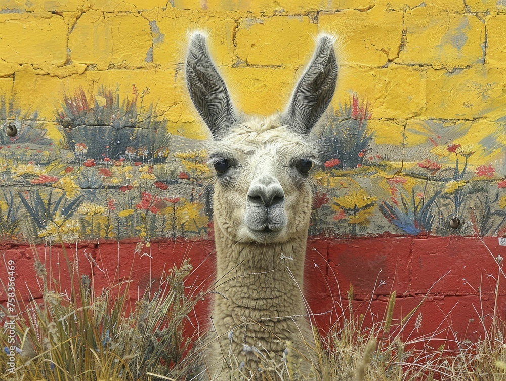 Fototapeta premium A confused llama emerging from a painted Andean landscape on the wall, on a clear yellow render background