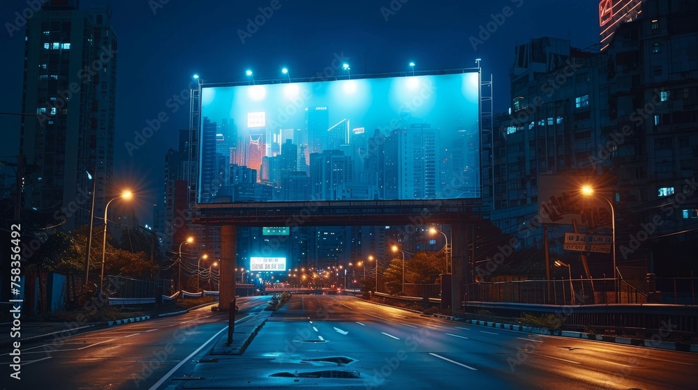 Large, illuminated billboard stands above an empty street at night in a modern cityscape