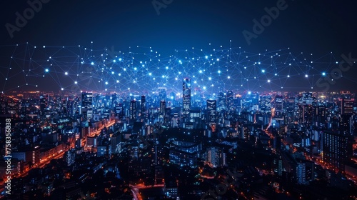 Nighttime cityscape with illuminated buildings under a network of digital connections overlaying the sky