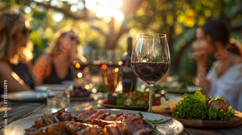 Outdoor dinner scene with friends, wine glass in focus, food on table, warm evening ambiance
