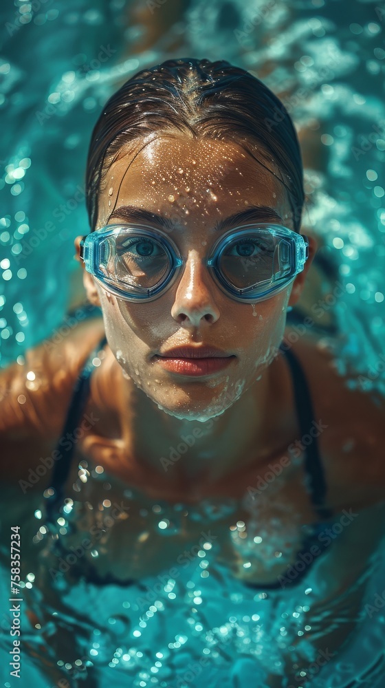 Person with goggles is submerged in clear water, gazing intently at the camera, bubbles visible