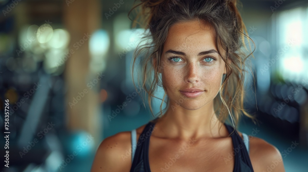 Person with striking eyes and messy bun, wearing workout gear, stands inside a gym