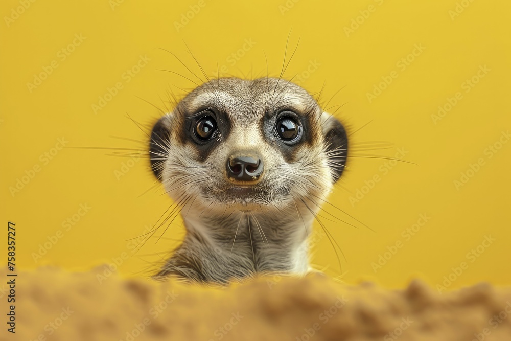 A meerkat popping out of a burrow, standing erect and startled by the sudden exposure, on a clear yellow render background. A meerkat popping out of a burrow, standing erect and startled by the sudden exposure, on a clear yellow render background.