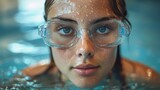 Person with clear goggles is submerged in water, droplets on their face, looking intently