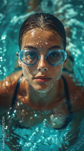 Person with goggles is submerged in clear water, gazing intently at the camera, bubbles visible
