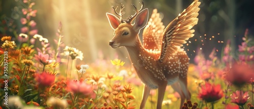 Sketch a sweet deer with wings levitating above a field of colorful flowers. 3D render