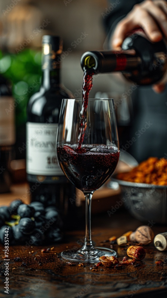 Red wine pouring into a glass, with bottles, grapes, and snacks blurred in the background