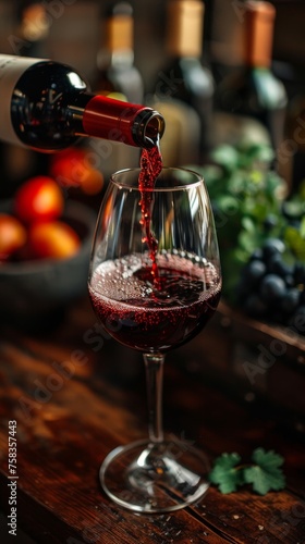 Red wine pours from a bottle into a glass, with grapes and a blurred background