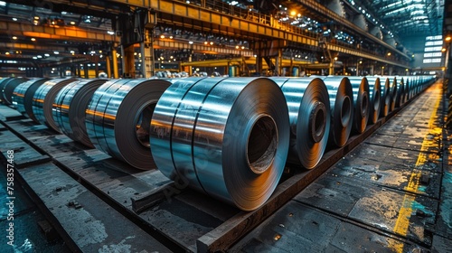 Rows of large steel coils arranged on a rack inside an industrial manufacturing plant facility