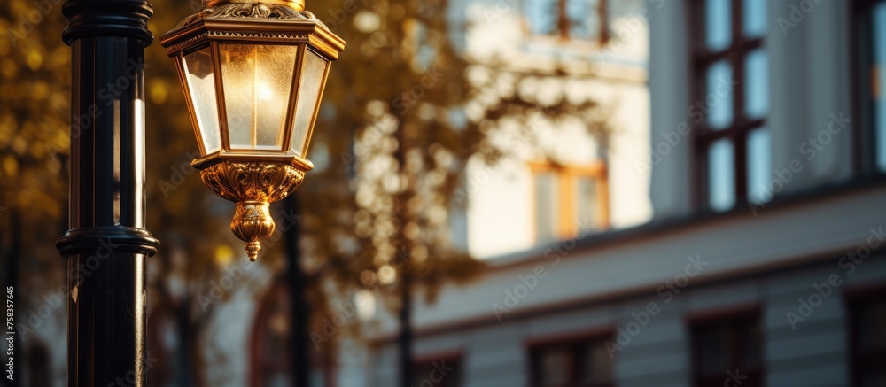 Elegant gold street lamp hanging in front of house for decorative purposes.