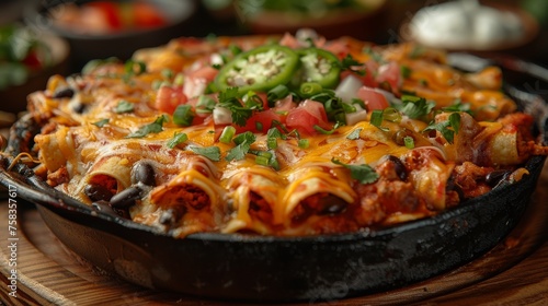 Skillet full of cheesy enchiladas topped with green onions, jalapeños, and tomatoes on a wooden table