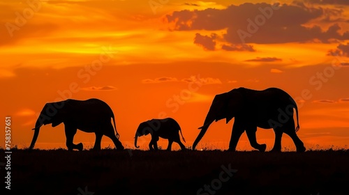 Majestic Elephants Silhouetted Against Vibrant Sunset.