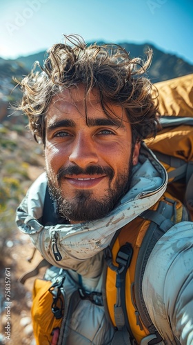 Smiling bearded man with backpack taking a selfie in a sunny mountainous outdoor setting
