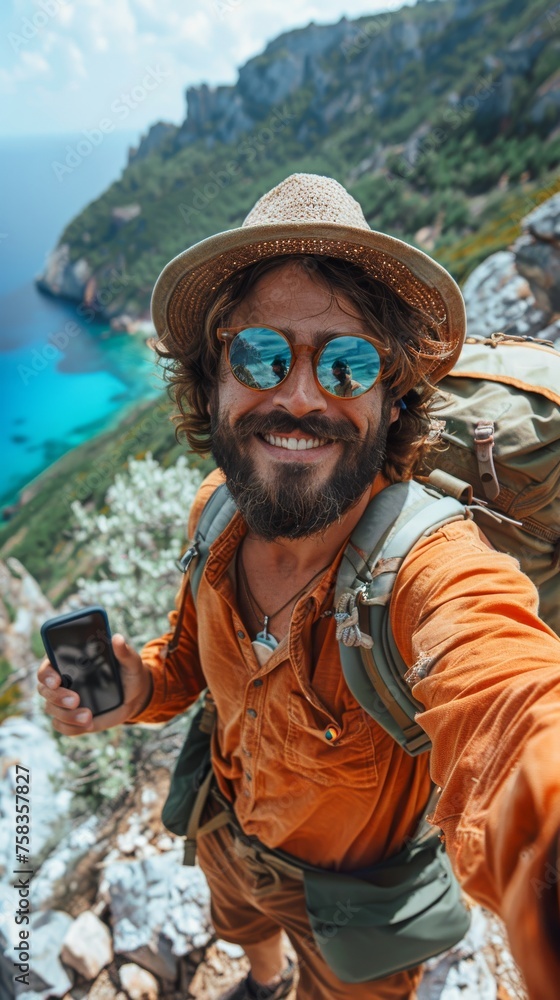 Smiling man with a straw hat takes a selfie with stunning coastal cliffs in the background Smiling man with a straw hat takes a selfie with stunning coastal cliffs in the background