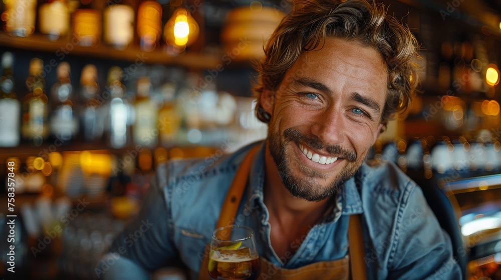 Smiling man with a beverage, possibly a bartender, is in front of a bar shelf Smiling man with a beverage, possibly a bartender, is in front of a bar shelf