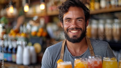 Smiling man with apron in a bar  serving colorful orange drinks  warm lighting  friendly atmosphere