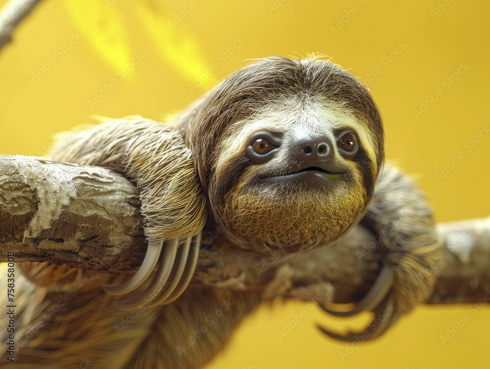 Fototapeta premium A sloth descends slowly from a torn rainforest canopy, wide-eyed in slow-motion astonishment against a clear yellow backdrop.