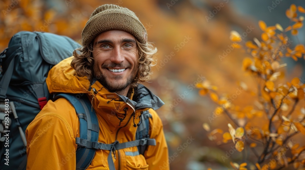 Smiling person with a backpack outdoors surrounded by autumn foliage, wearing a hat and jacket Smiling person with a backpack outdoors surrounded by autumn foliage, wearing a hat and jacket