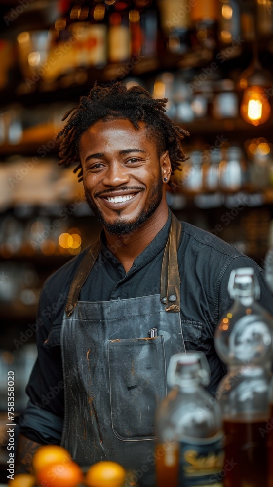 Smiling person with dreadlocks wearing an apron stands in a bar with bottles and oranges