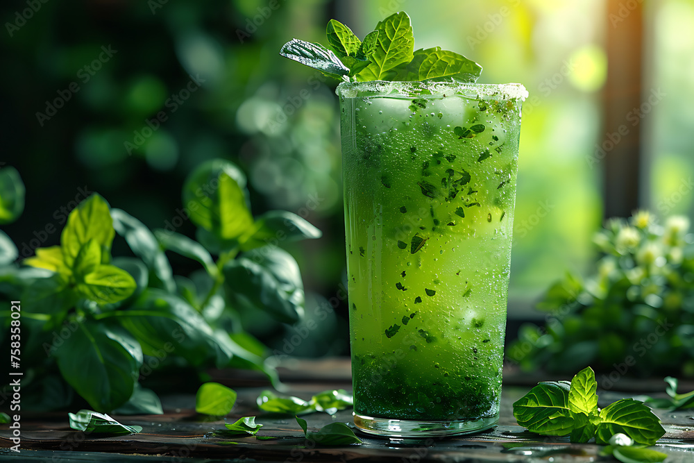 A vibrant and refreshing herbs and fruits juice in a clear glass, surrounded by fresh herbs and fruits, symbolizing a health food concept and healthy eating lifestyle A vibrant and refreshing herbs and fruits juice in a clear glass, surrounded by fresh herbs and fruits, symbolizing a health food concept and healthy eating lifestyle