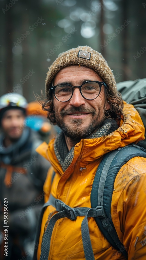 Smiling person with glasses, wearing a yellow jacket and beanie, outdoors, another person in background