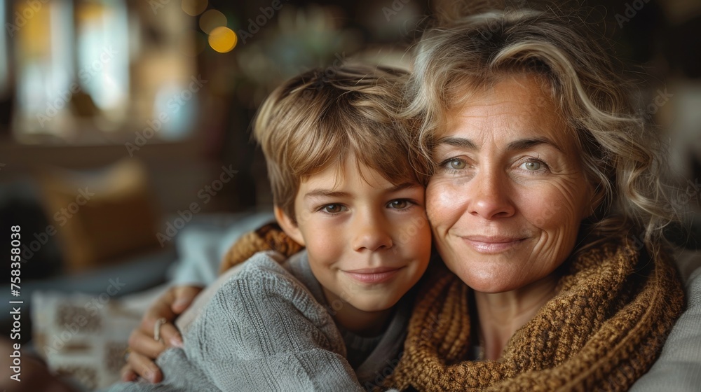 Fototapeta premium Smiling woman and a young boy embrace warmly in a cozy, indoor setting with soft lighting